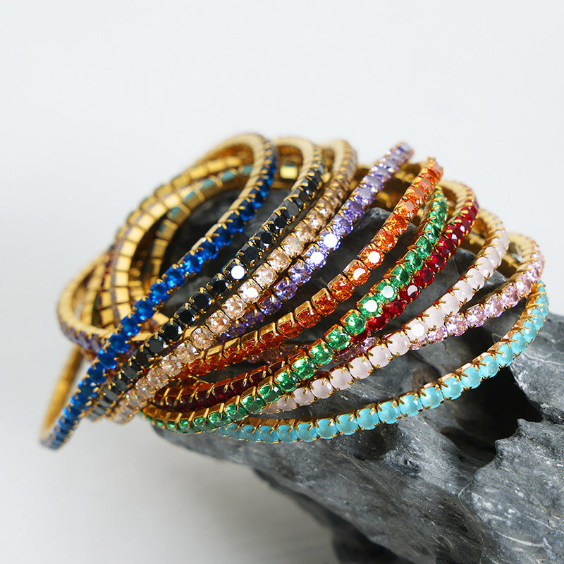 Wholesale Baroque Faceted Colorful Zircon Stretch Titanium Steel Gold Plated Bracelet